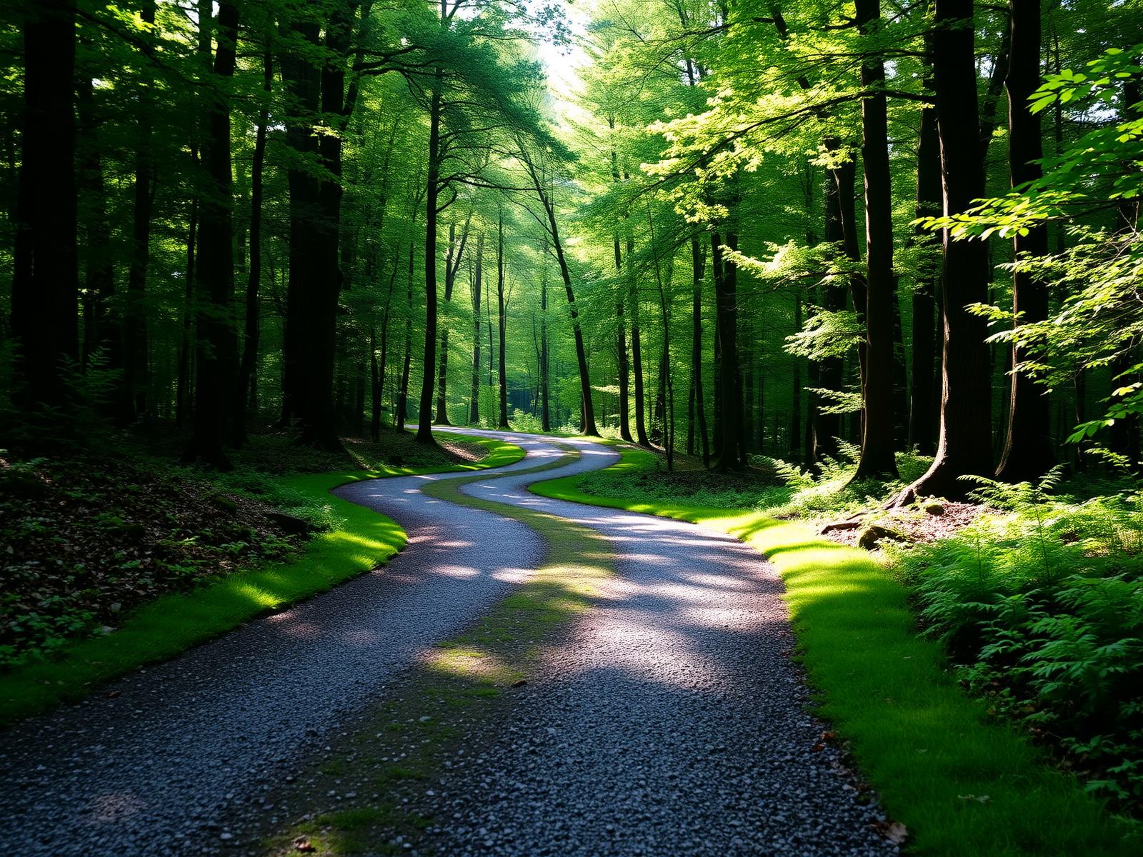 A quiet gravel path winding through a wooded Pennsylvania property