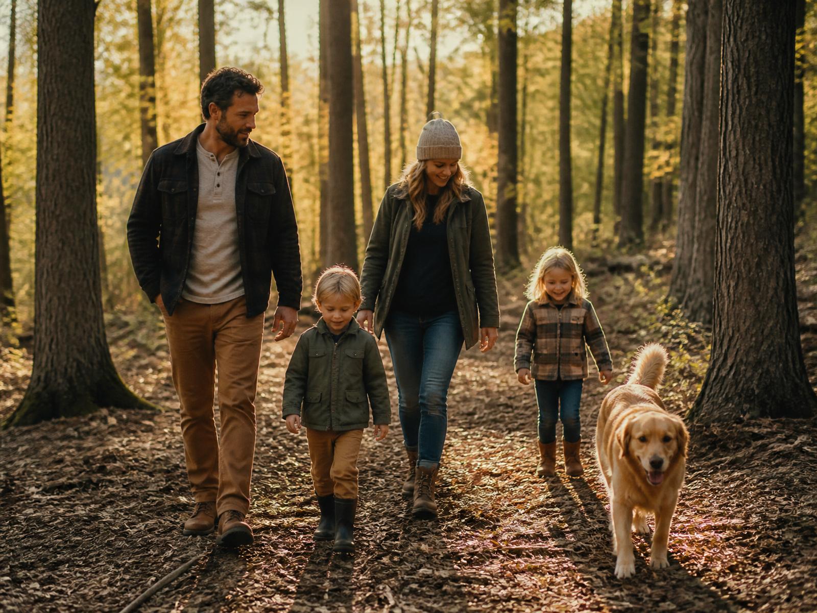 A family and their dog walking through open hardwood woods after forestry mulching in Western Pennsylvania